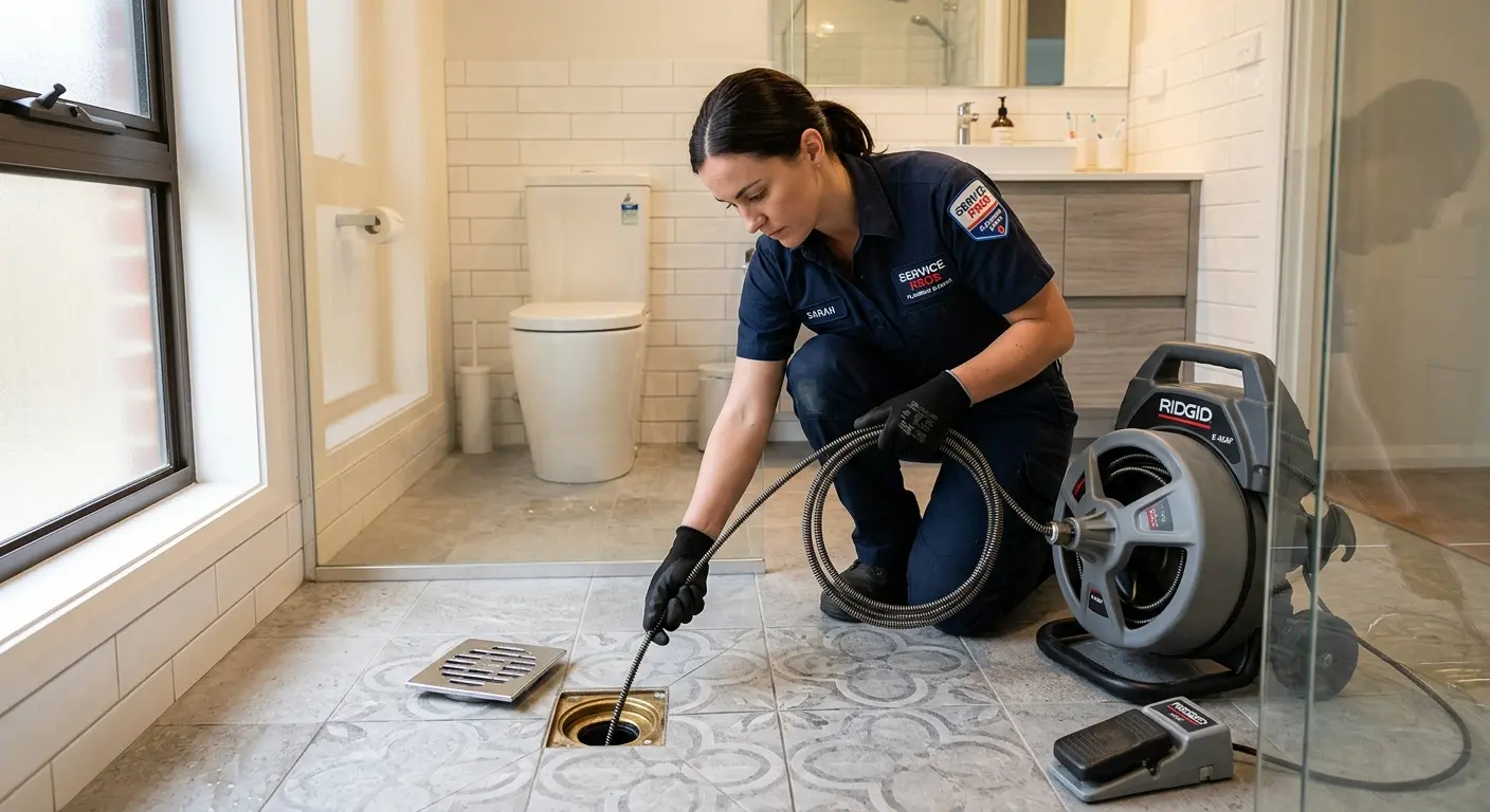 Technician clearing a bathroom floor drain for Sewer Line Replacement in Las Vegas